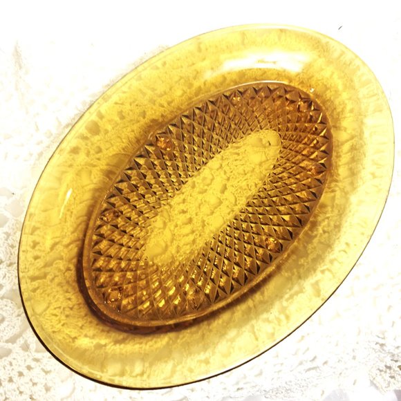 Indiana Glass Amber Diamond Point 70's  Oval Covered Butter Dish Vtg - Picture 8 of 12
